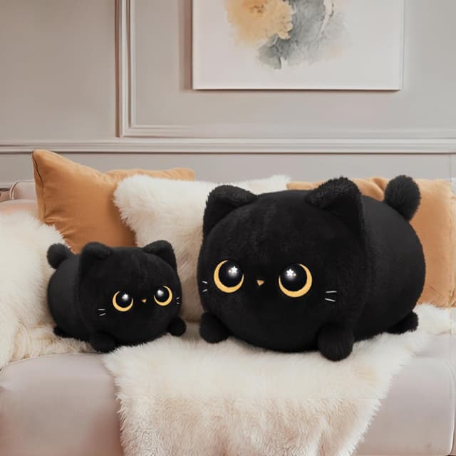 Detalle de Mewaii 16-inch Soft Black Cat Plush Pillow – Squishy cuddle plush for kids and adults