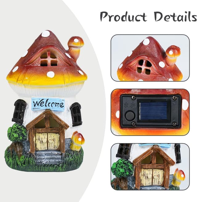 Detalle de LIMOR 6-inch solar mushroom house garden figurine statue with solar lights