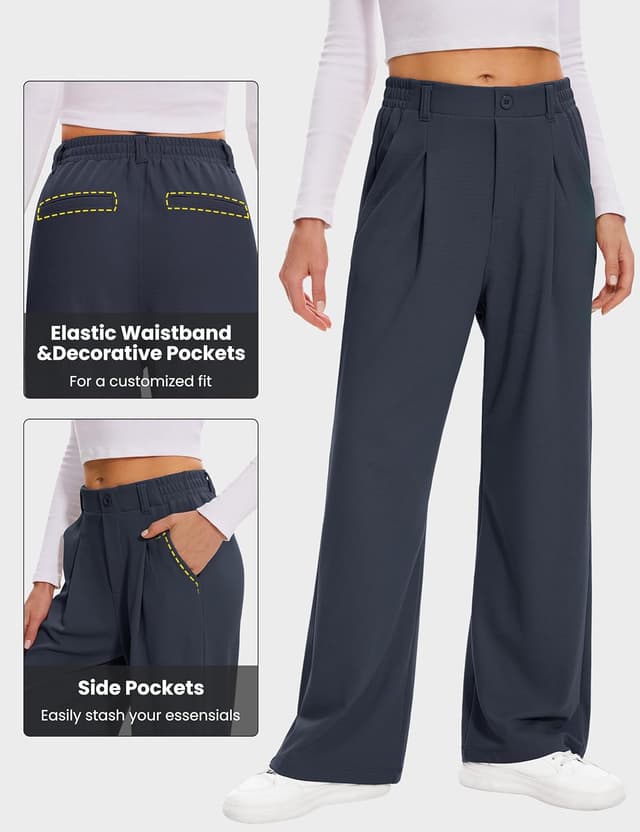 Detalle de Desol Waffel-Long-Palazzo-Hose für Damen mit Taschen – Sommerhose mit weitem Bein