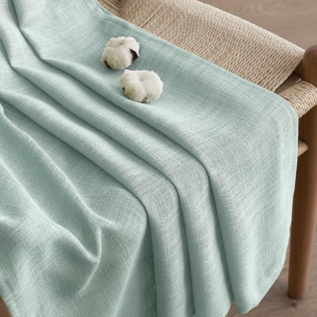 Detalle de EMEMA Leinenvorhang mit Kräuselband (Voile/Leinenoptik), halbtransparent, türkis – 140 x 215 cm, 2er-Set