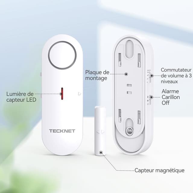 Detalle de TECKNET alarme porte et fenêtre sans fil 98 dB