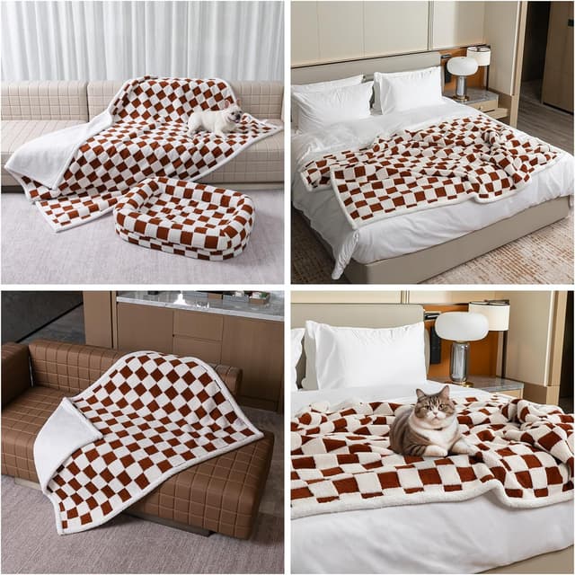 Detalle 2 de Waterproof Pet Blanket in Brown Check (Jacquard Shag & Sherpa Fleece) — reversible sofa and bed throw for dogs and cats