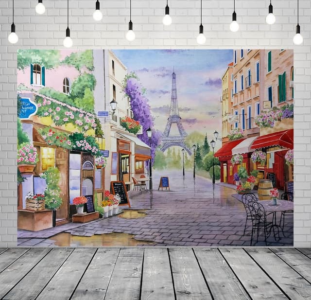 Detalle 2 de BELECO Aquarellgemälde mit Eiffelturm, Paris-Blue – Polyesterstoff-Hintergrund 2,1 x 1,5 m