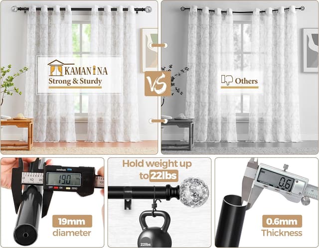 Detalle de KAMANINA Black Curtain Pole (80 to 218 cm) for eyelet curtains, extendable with round translucent finials