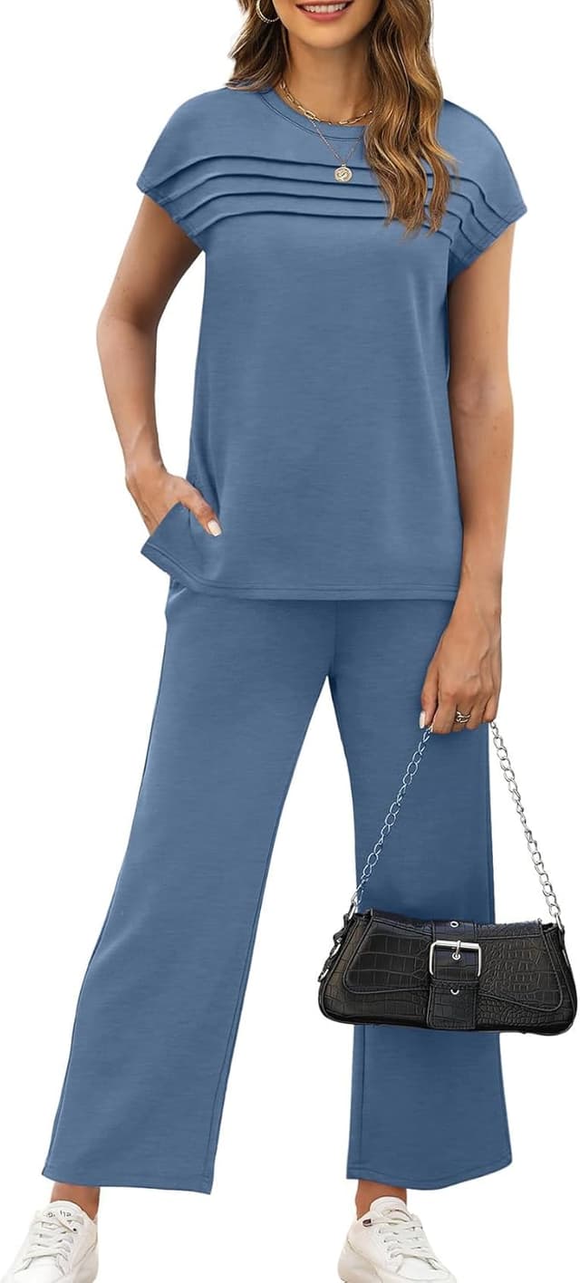 Detalle 2 de WIHOLL Two-Piece Women’s Cap Sleeve Lounge Set with Wide-Leg Cropped Pants (S-3XL)