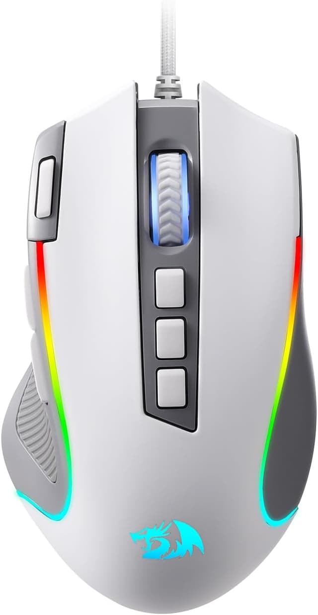Detalle de Redragon M612 RGB Gaming Maus (kabelgebunden, 8000 DPI, 11 programmierbare Tasten) – Grau & Weiß