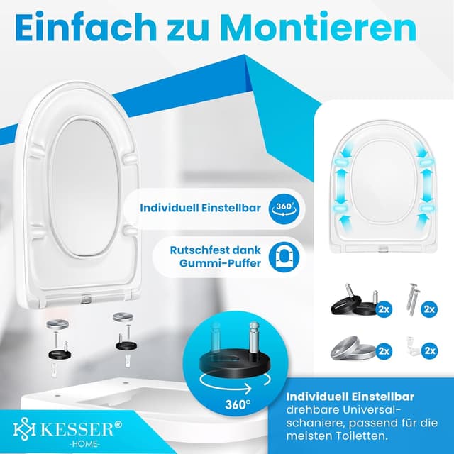Detalle de KESSER® WC Sitz mit Absenkautomatik, Quick-Release & Softclose (D-Form) – Toilettendeckel aus Duroplast mit Edelstahl-Befestigung