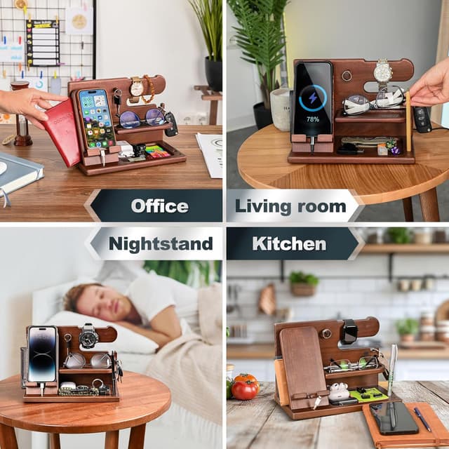 Detalle de Teslyar Gifts for Men Wood Phone Docking Station – Solid Ash Nightstand Organiser with Key Holder, Wallet & Watch Stand