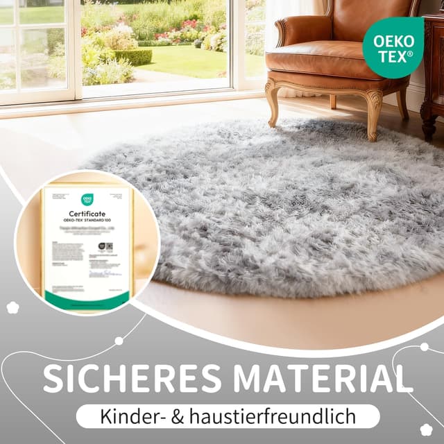 Detalle 2 de VOFUSHON runder Hochflor-Teppich 100 cm hellgrau – waschbar, rutschhemmend für Kinderzimmer