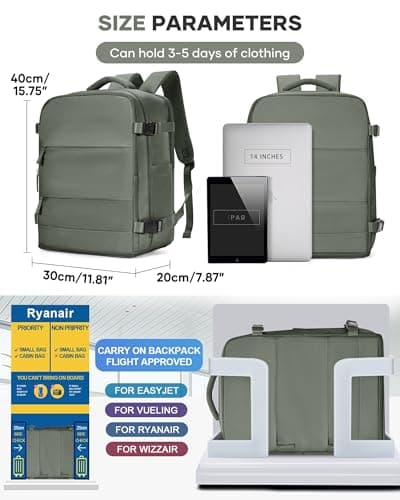 Detalle de BJLFS Mochila de cabina 40x30x20 para avión (Ryanair/Wizz Air/Vueling), portátil 17” y bolsillo seco-húmedo - Verde