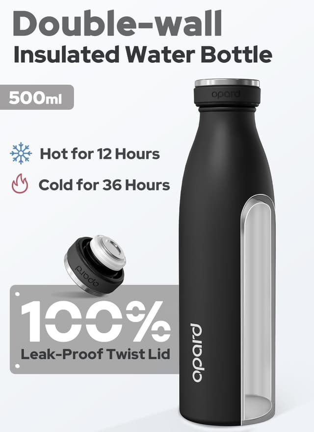 Detalle de Opard insulated stainless steel water bottle (Midnight Black) – 500ml with leakproof screw lid
