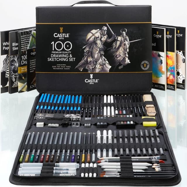 Detalle de Castle Art Supplies kit 100 pezzi per disegno e bozzetto in custodia da viaggio