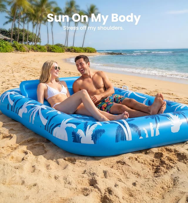 Detalle de X-Large Inflatable Tanning Pool Lounger Float with Sprinkler (Auto Spray Cooling) — Holds up to 2, with Cup Holder
