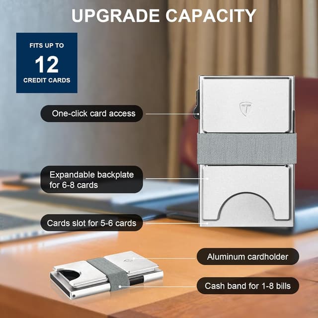 Detalle de TOYFID RFID Kartenhalter für 12 Karten & Papiergeld, Aluminium, silber – schlankes Herren-Kartenetui mit Auswurfknopf