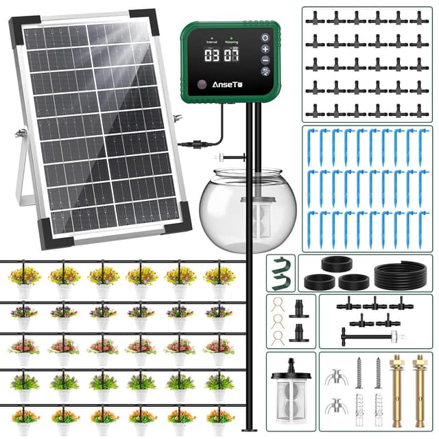 Detalle de AnseTo Arrosage goutte à goutte solaire 8 W avec minuterie – kit d’irrigation 35 m et 30 goutteurs