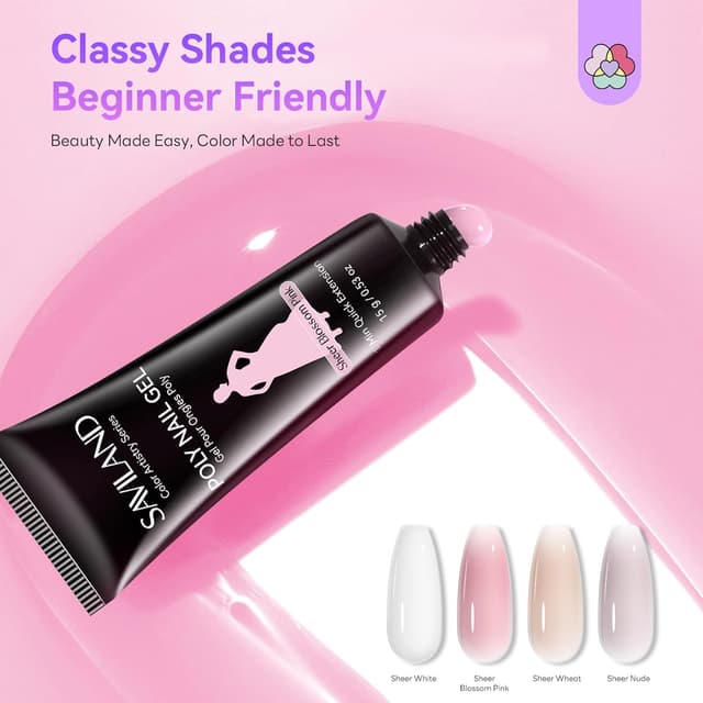 Detalle 2 de SAVILAND Polygel Starter Set mit UV-Lampe – 4 Farben (Weiß, Rosa, Nude, Weizen) für DIY-Nagelverlängerungen