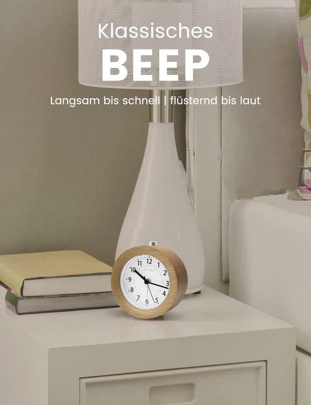 Detalle 2 de aboveClock Analog-Wecker aus Holz ohne Ticken mit Snooze und Nachtlicht (Naturholz hellbraun)