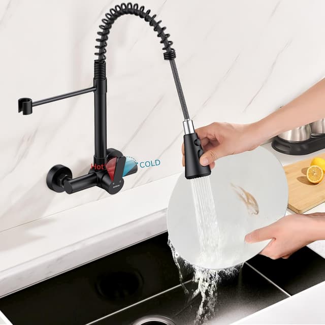 Detalle 2 de HURRAN Rubinetto Cucina a Muro con 3 modalità, monocomando girevole 360° e finitura nero opaco