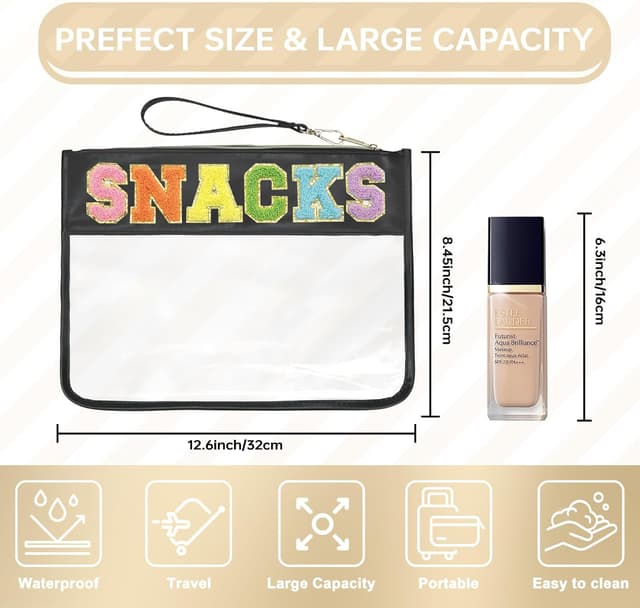 Detalle 2 de Siwara Clear Pouch Travel Makeup Bag with Glitter Chenille Letter Patches (13.0 × 9.5 in)