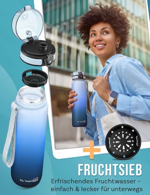 Detalle de My Vesperbox® Kinder-Trinkflasche 1.000 ml mit Kohlesäure-Eignung, auslaufsicher – inkl. Ersatzdichtung