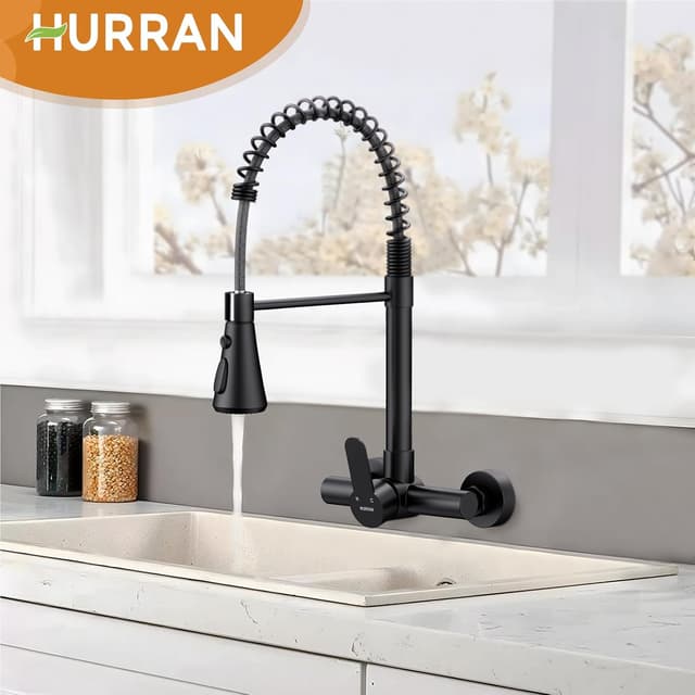 Thumbnail 6 de HURRAN Rubinetto Cucina a Muro con 3 modalità, monocomando girevole 360° e finitura nero opaco