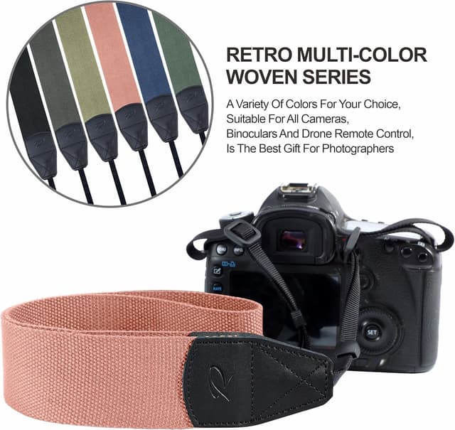 Detalle de Padwa Lifestyle Pink Camera Strap (2 inch) — cowhide head & woven cotton camera & binocular strap