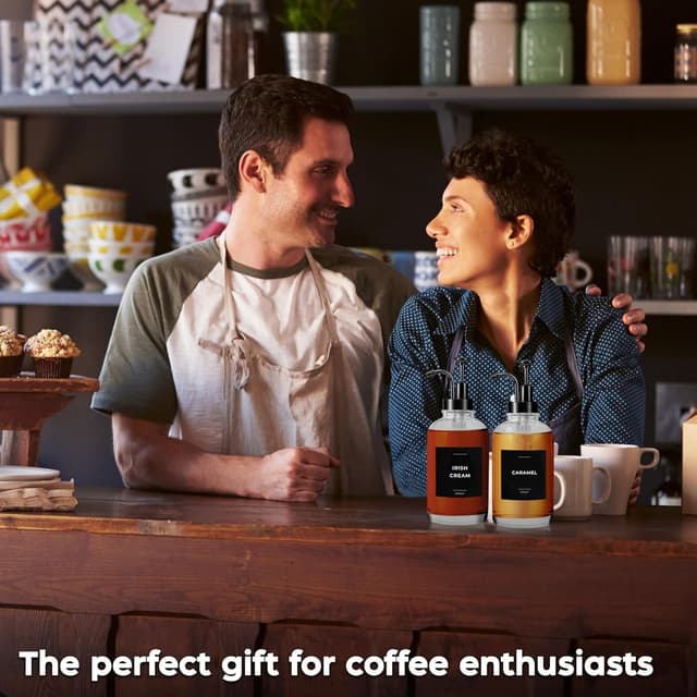 Thumbnail 6 de Spaceneat Coffee Syrup Dispenser with Pump (Glass, 500 ml) – Set of 4 with 24 flavour labels, cleaning brush & funnel