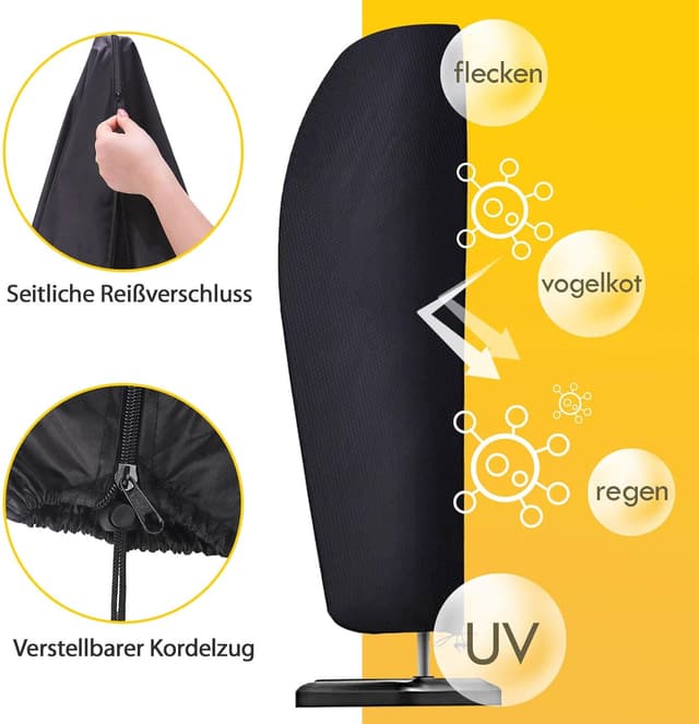 Detalle de Reinalin Sonnenschirm Schutzhülle mit Stab – wasserdicht & UV-beständig für Ampelschirme, 265 x 40/70/50 cm (Schwarz)