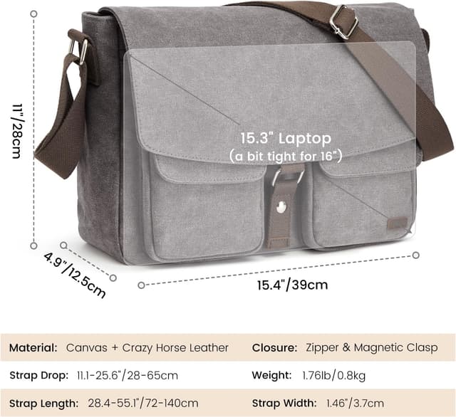 Detalle 2 de S-ZONE Borsa messenger in tela da uomo vintage per laptop fino a 15,6 pollici