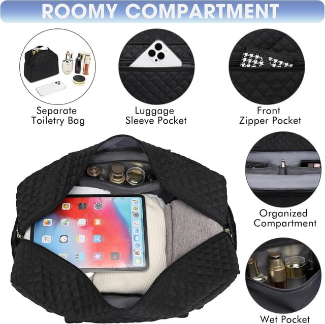 Detalle de LUOCIP Large Women Travel Duffle Bag with Wet Toiletry Pocket and Shoe Compartment (Black)