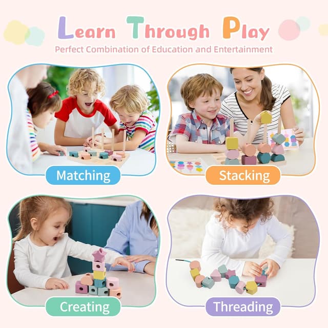 Detalle de wotoyd Montessori Steckspiel & Fädelspiel aus Holz (ab 3–5 Jahren) – 3-in-1 Lernspielzeug