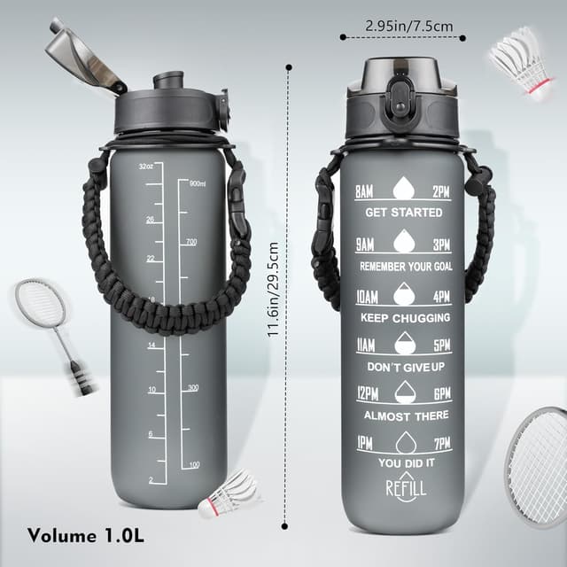 Detalle 2 de AiQInu borraccia 1 litro con indicatore del tempo, BPA-free e chiusura anti-perdita