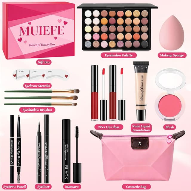 Detalle de Muiefe Kit Trucco Make Up Completo: set donna con palette, rossetti, eyeliner, mascara, sopracciglia e borsa