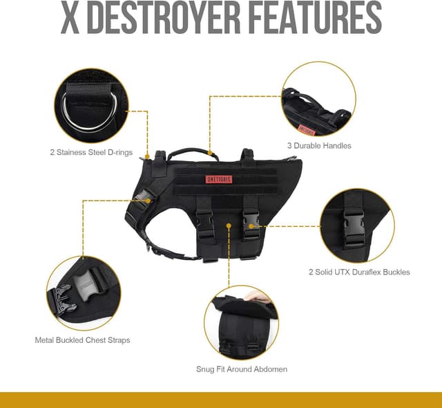 Detalle de OneTigris Large Tactical Dog Harness (No Pull) – Adjustable Vest with Handle, 2 Leash Clips and Hook & Loop Patches, Black (M)