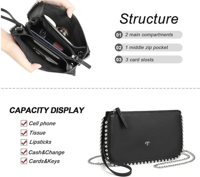 Detalle de AFKOMST AFKOMST Piccola pochette e Wristlet Wallet da donna con tracolla a catena, Nero