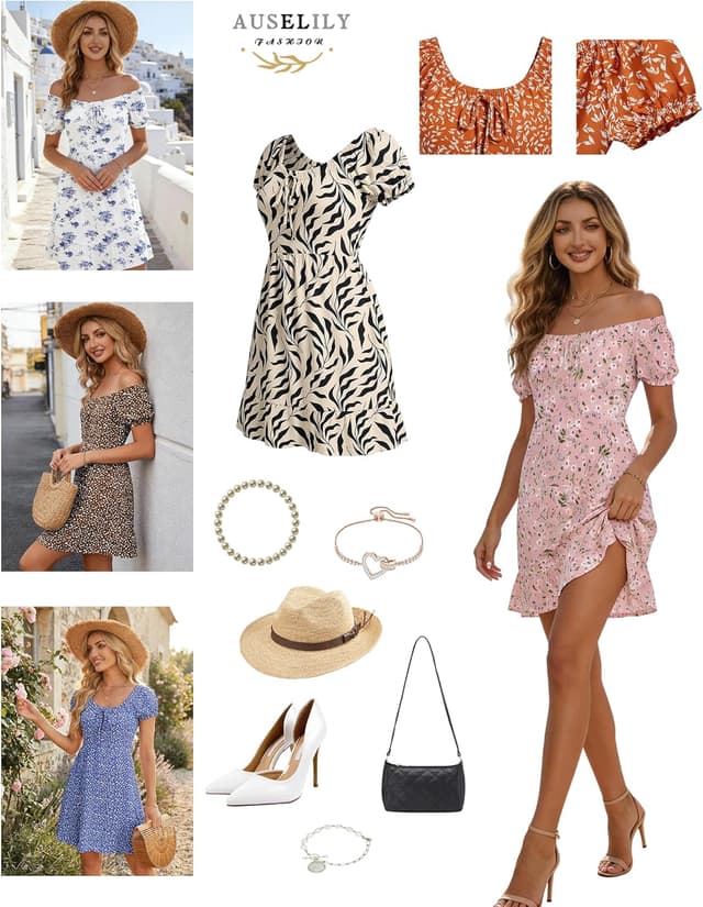 Detalle 2 de AUSELILY Damen Sommerkleid mit Puffärmeln, hoher Taille und Taschen