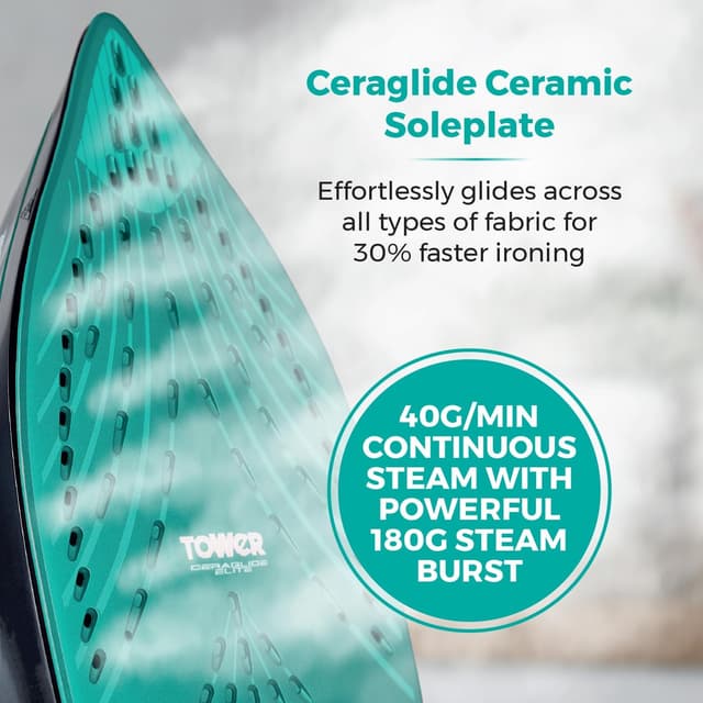 Detalle 2 de Tower Ceraglide Ultra Speed T22013TL Steam Iron (Ceramic Soleplate, 3100W, 360ml tank)