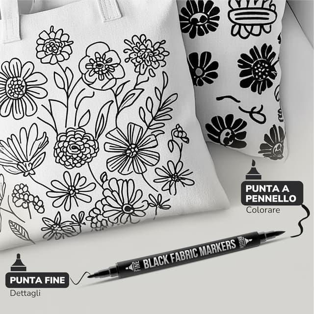 Detalle 2 de Zenacolor 5 Pennarelli Neri a Doppia Punta Permanenti per Tessuti