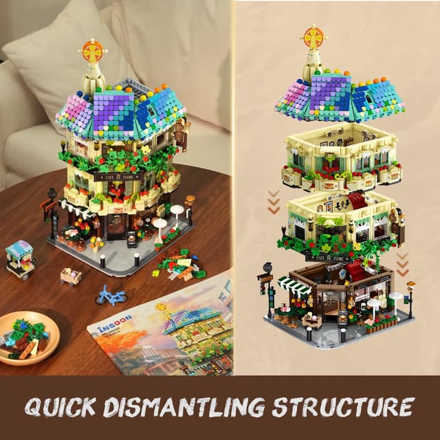 Detalle de INSON Flower Cafe House Building Set with Lights (1876-Piece Modular City Street Corner Shop Model)