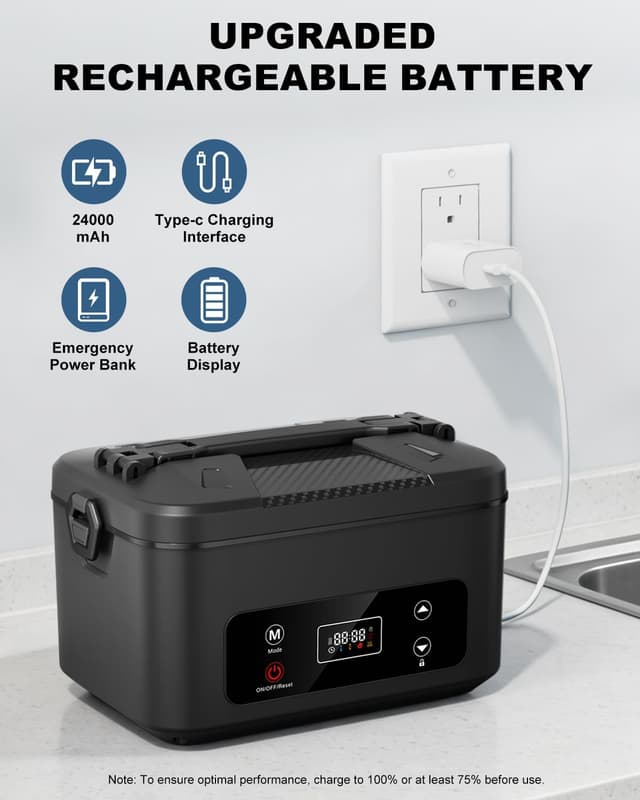 Detalle de Moexili Electric Lunch Box (2026 Upgraded) 1.2L Cordless Heated Lunch Box with Timer, 24,000mAh Battery