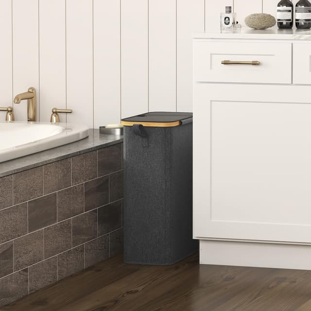 Detalle 2 de Lifewit 50L schmaler Wäschekorb mit Deckel aus Bambus & Oxford-Gewebe – faltbar, mit Tragegriff, Schwarz