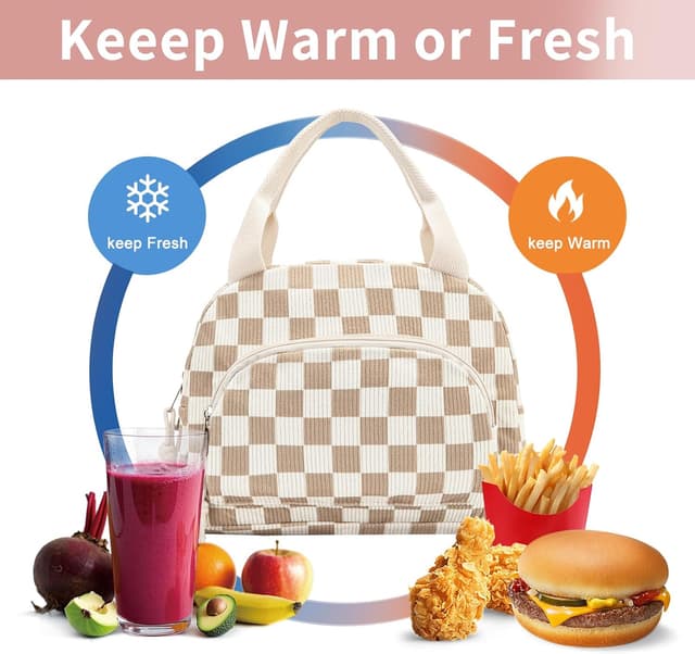 Detalle de OYLOLA Women’s Insulated Lunch Bag (Beige-Brown Plaid) — Small Cooler Lunch Tote