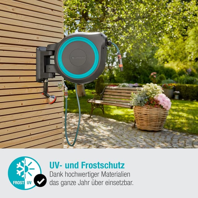 Detalle de Gardena Wand-Schlauchbox RollUp XL (türkis) 35 m inkl. 35 m Schlauch – schwenkbare Aufrolltechnik für große Gärten