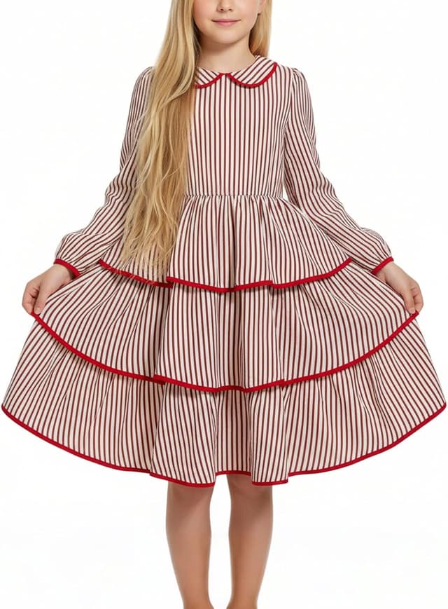 Detalle de JiAmy Girls Long Sleeve Vintage Peter Pan Collar Tiered Dress (4–12 years)