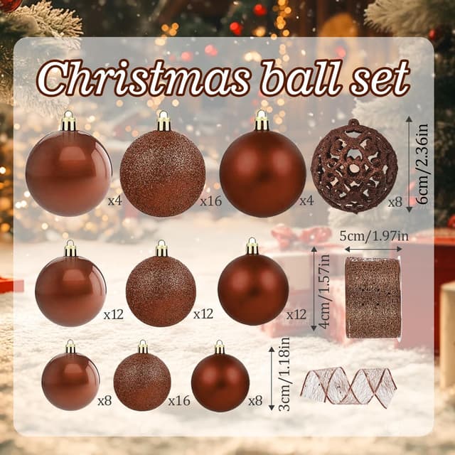 Detalle 2 de JHWELRG® Weihnachtskugeln Set (101-teilig) in Bronze, matt & glänzend, Kunststoff- Christbaumschmuck mit Bändern und Box