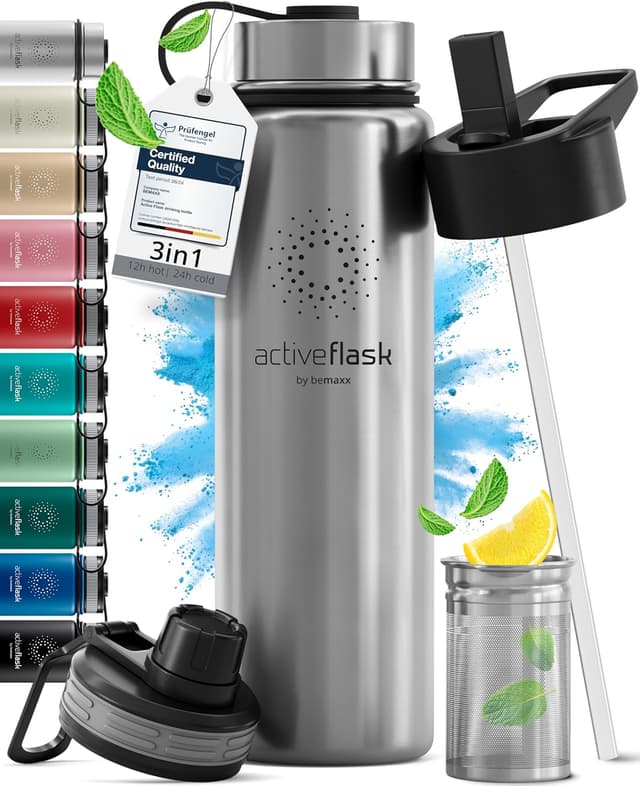 Detalle de Stainless Steel Water Bottle with Straw & 3 Lids (ACTIVE FLASK) – Leak-Proof, Vacuum Insulated Hot & Cold