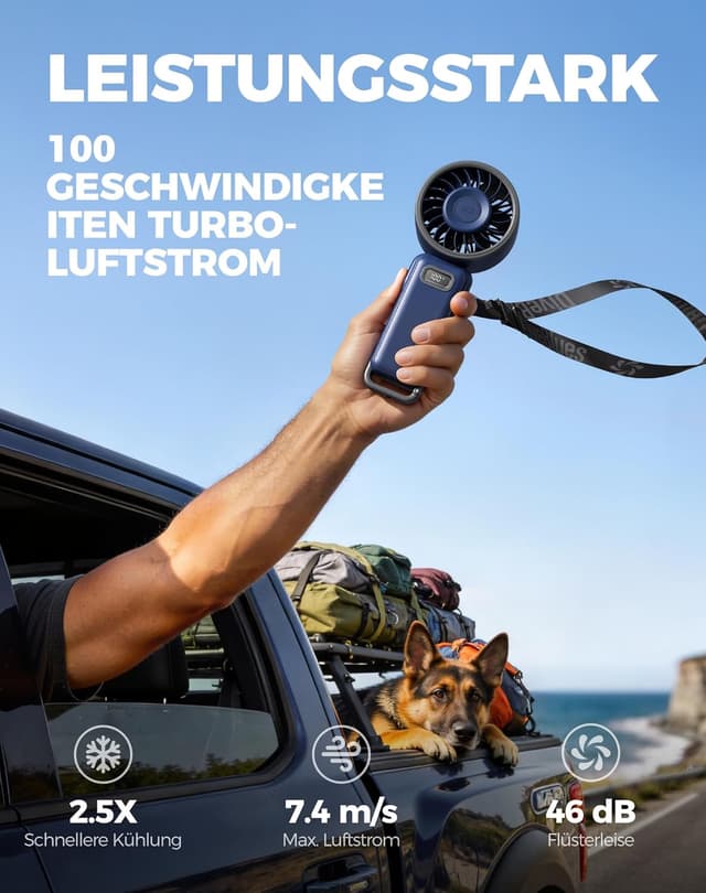 Detalle 2 de Diveblues Handventilator Turbo mit 100 Stufen und 4-in-1 Faltdesign – tragbar, USB-C, 7,4 m/s