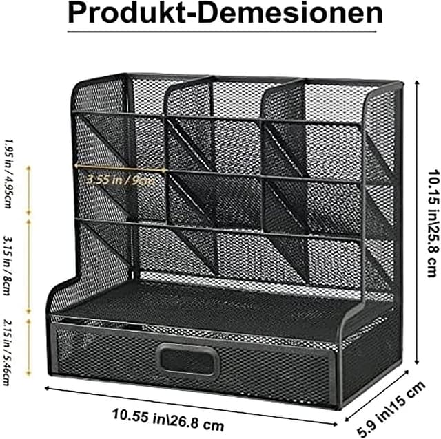 Detalle de Marbrasse Mesh Desk Organiser with Drawer (9 Compartments) for Pens, Stationery & Small Supplies