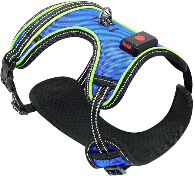 Detalle de Ezierfy leuchtendes LED-Hundegeschirr (wiederaufladbar) mit reflektierender Hundeweste – Anti-Zug, 3 Leuchtmodi, Blau/Grün, Größe L