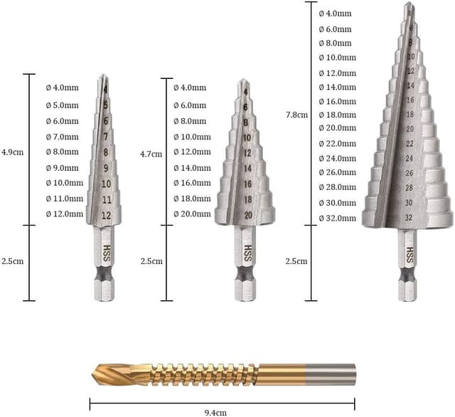Detalle de flintronic Punte Coniche a gradini HSS con rivestimento al titanio (4-12/4-20/4-32 mm)